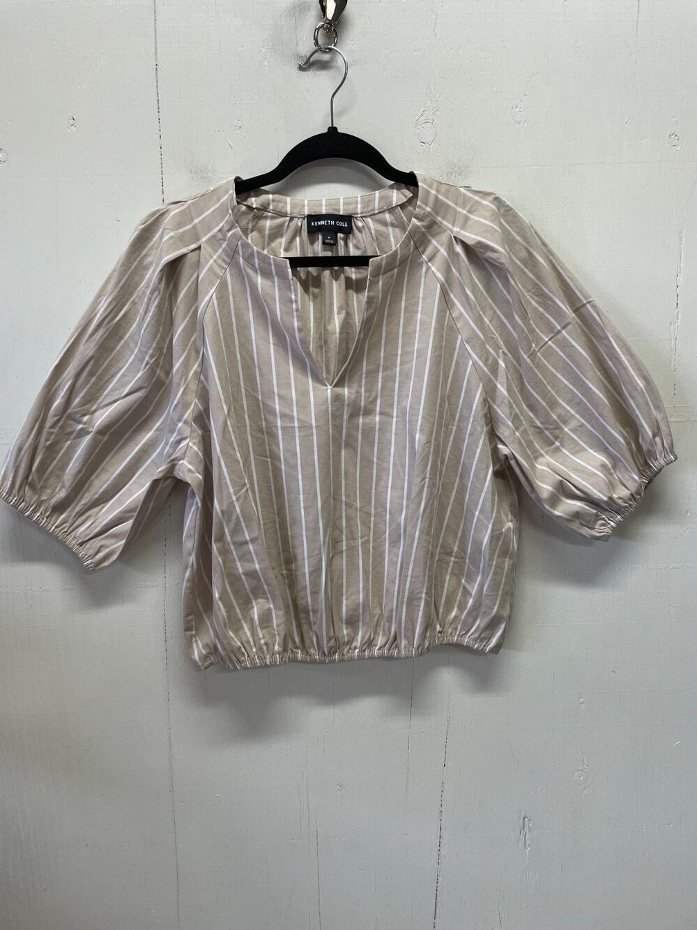 Kenneth Cole Women's Medium Striped V-Neck Blouse Short Puff Sleeves Elastic Hem